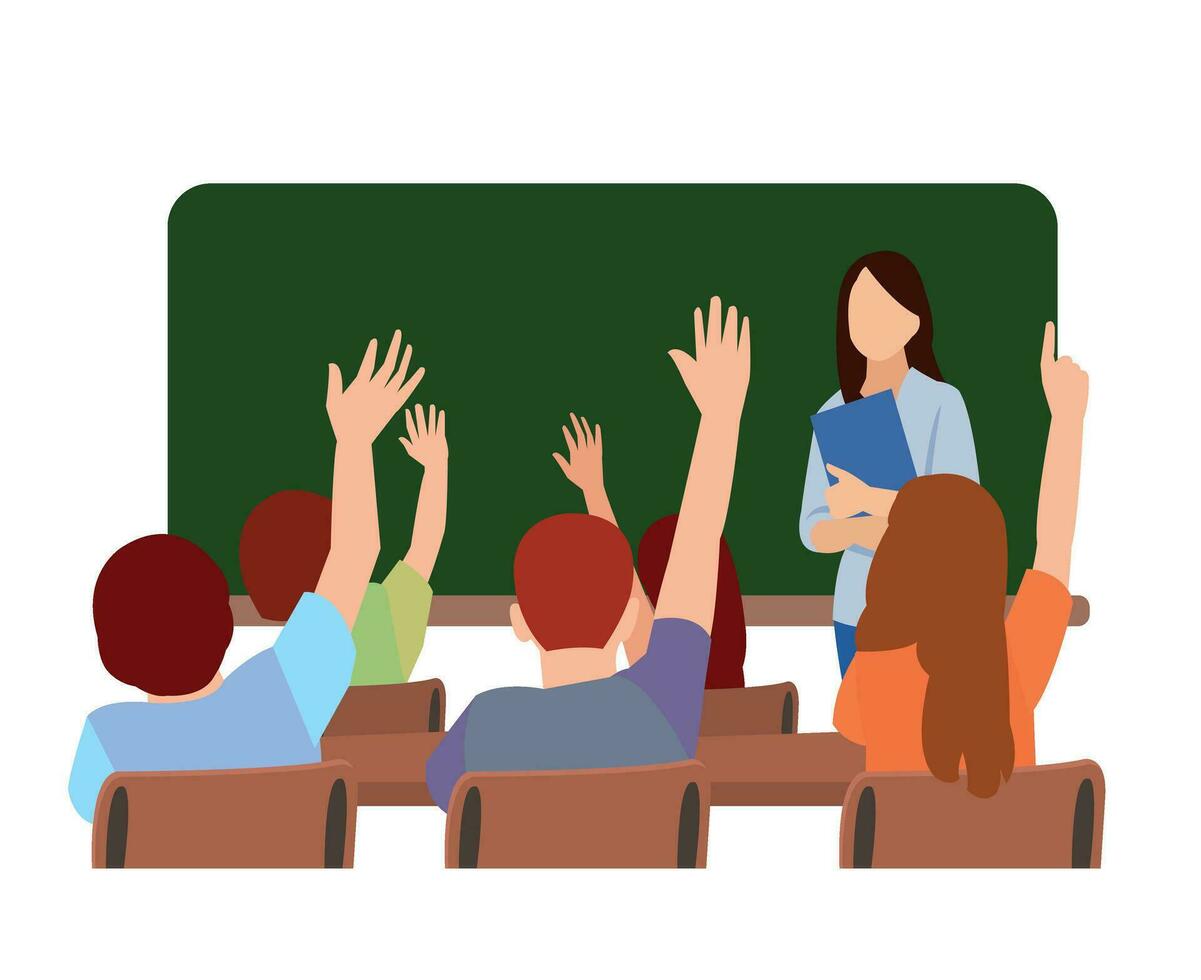 students raising their hands in class vector