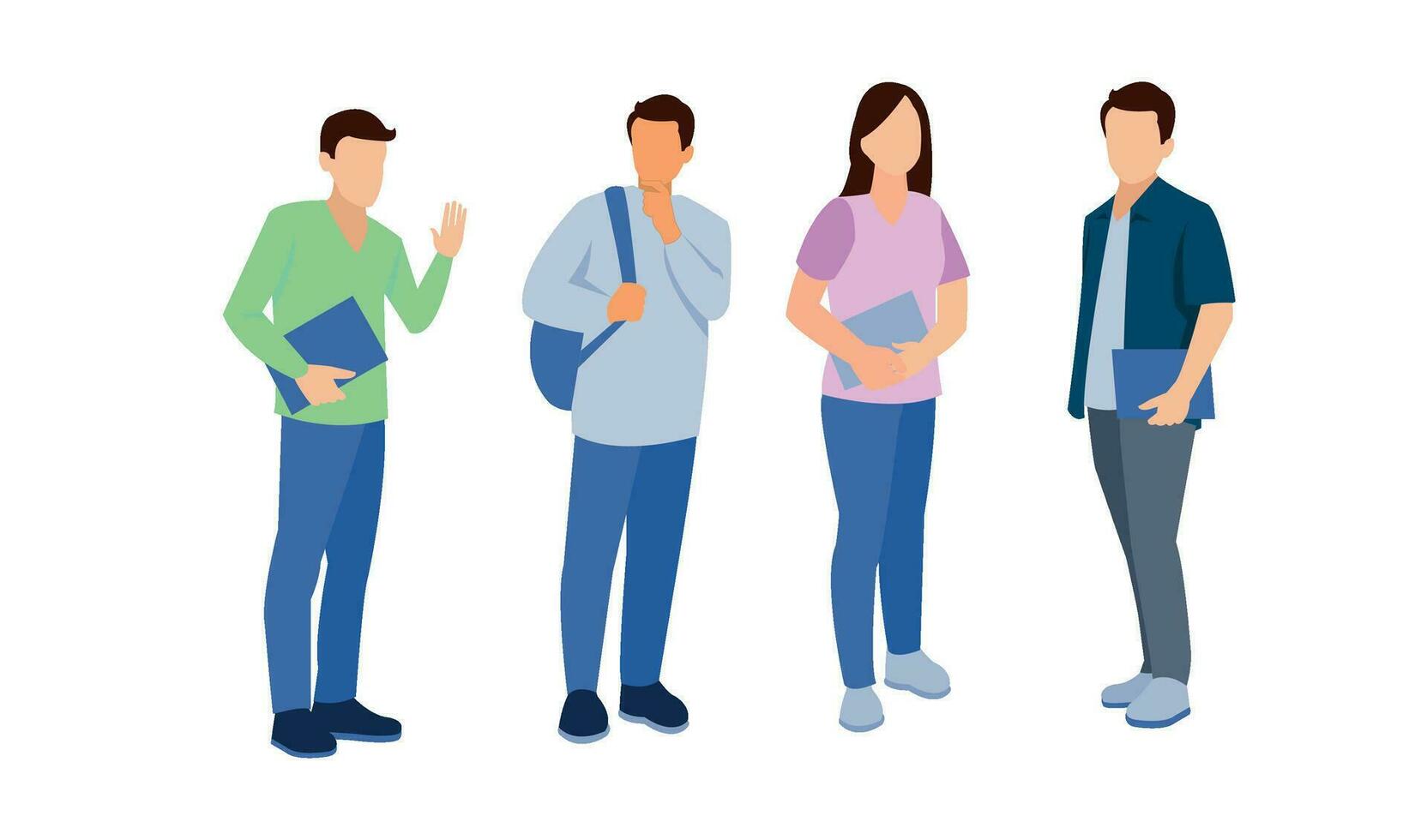 Group of multicultural students flat vector illustration. Young girls and boys holding books and laptop isolated characters on white background. Happy teenager in casual clothes. Youth lifestyle