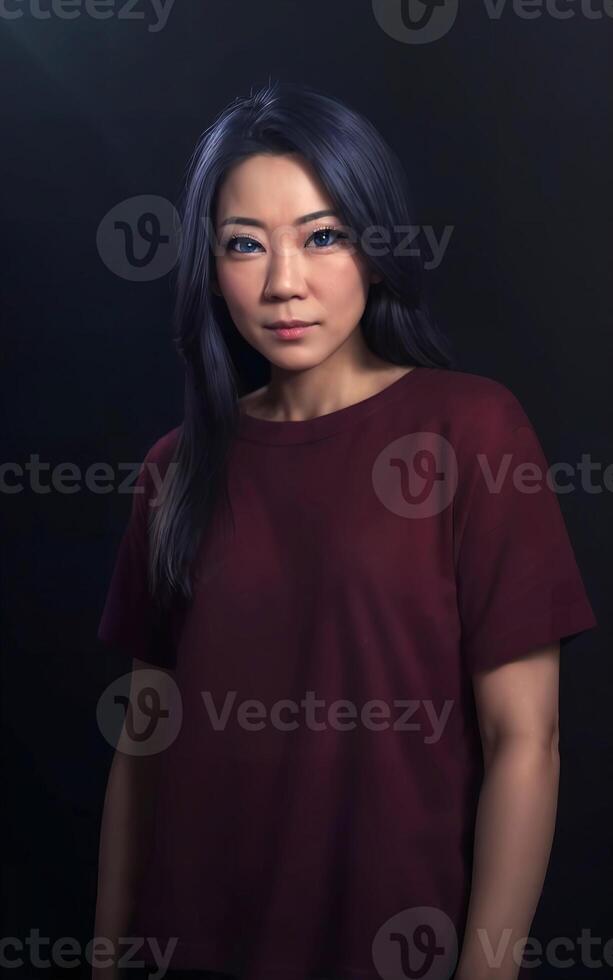 portrait photo of beautiful middle aged asian woman in dark room with light in background, generative AI