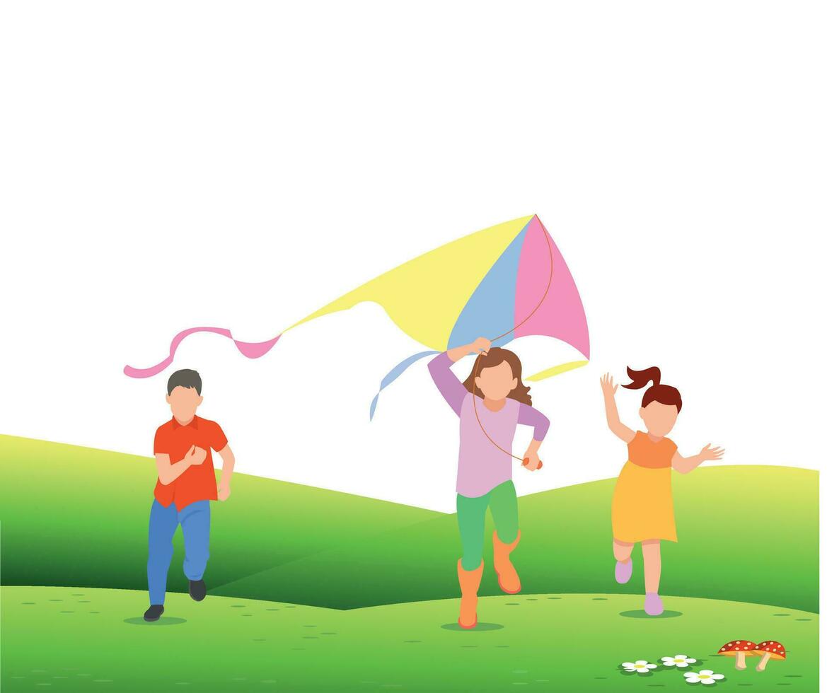 Kids playing kites. Vector illustration of children flying kites on the meadow