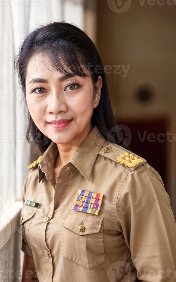 photo of middle aged asian woman in Thai teacher uniform,