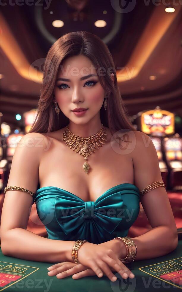 hermosa asiático mujer con lujo vestir en grandioso casino juego, generativo ai foto