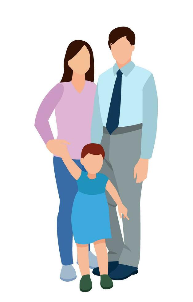 Set of happy traditional heterosexual families with children. Smiling mother, father and kids. Cute cartoon characters isolated on white background. Colorful vector illustration in flat style