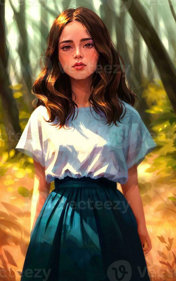 digital painting illustration of young woman in the forest jungle, generative AI photo