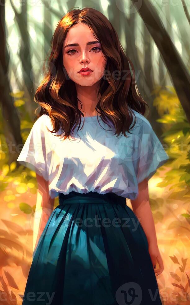 digital painting illustration of young woman in the forest jungle, photo