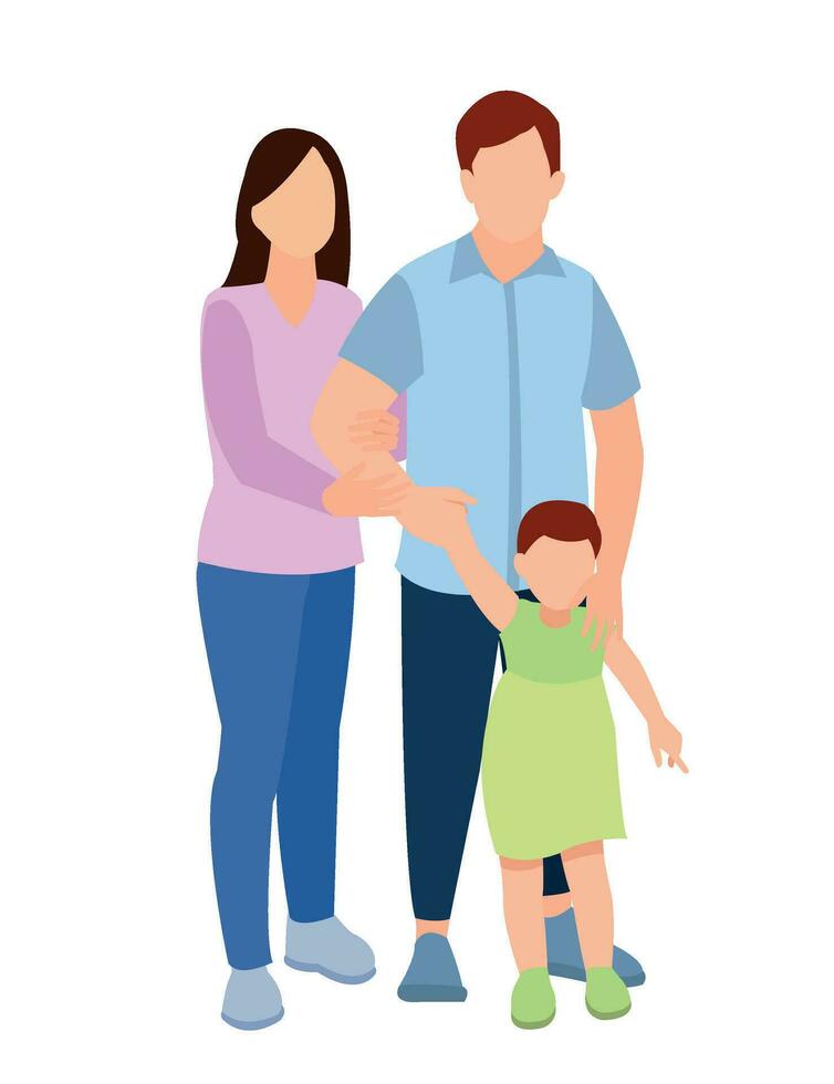 Set of happy traditional heterosexual families with children. Smiling mother, father and kids. Cute cartoon characters isolated on white background. Colorful vector illustration in flat style