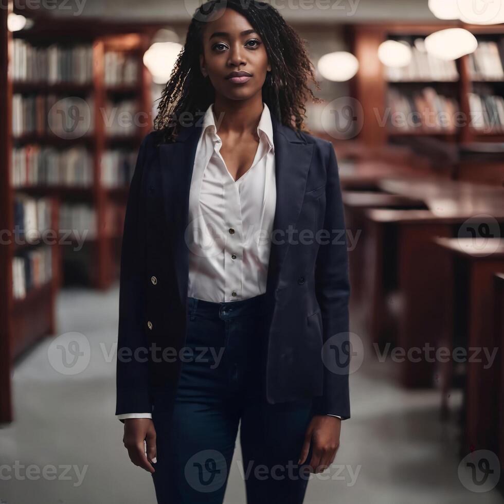 hermosa africano americano negro mujer con biblioteca en fondo, generativo ai foto