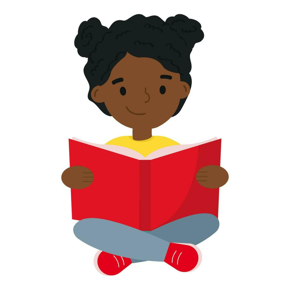 Cute African American girl reading a book. Happy black student. Black History Month element. Isolated on white. vector