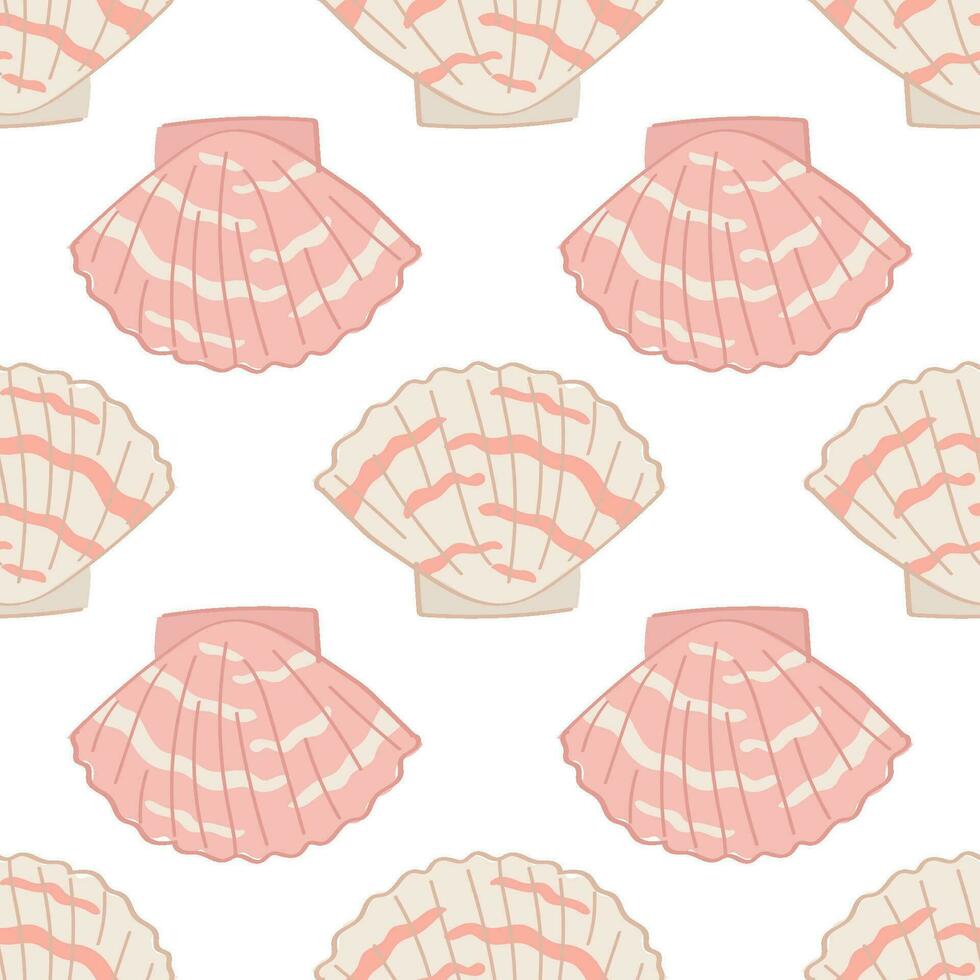 Cute seamless pattern with cartoon style pink seashells. Wallpaper, fabric or wrapping paper template. Doodle scallop print. Surface pattern design. vector