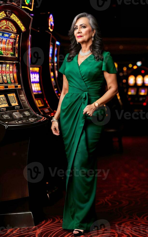 middle aged indian woman at luxury casino, generative AI photo