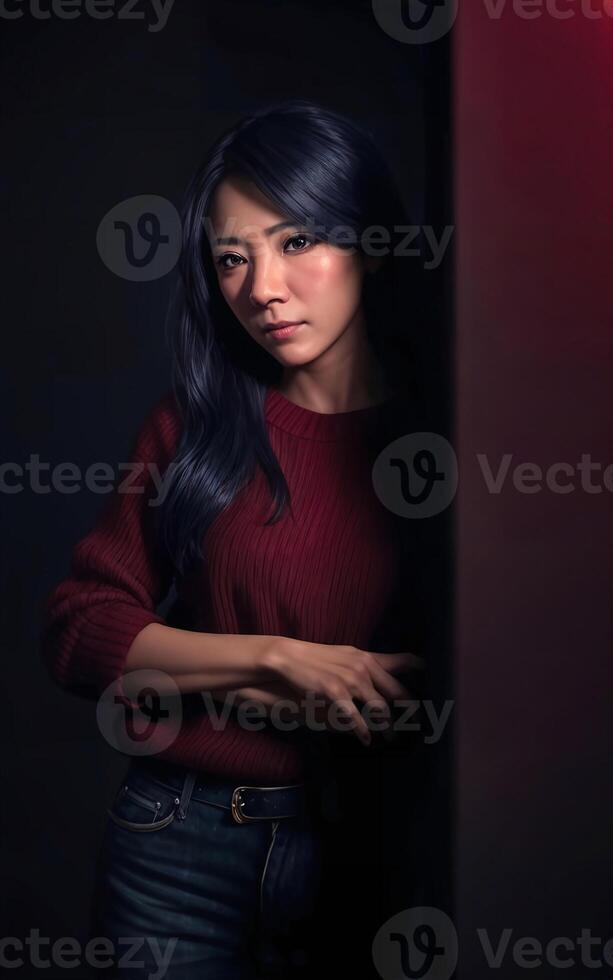 portrait photo of beautiful middle aged asian woman in dark room with light in background, generative AI