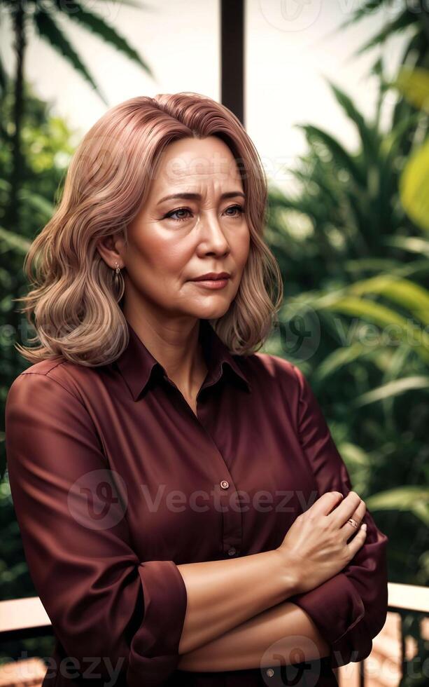 beautiful middle aged old lady woman at house with fresh green plant in background, photo