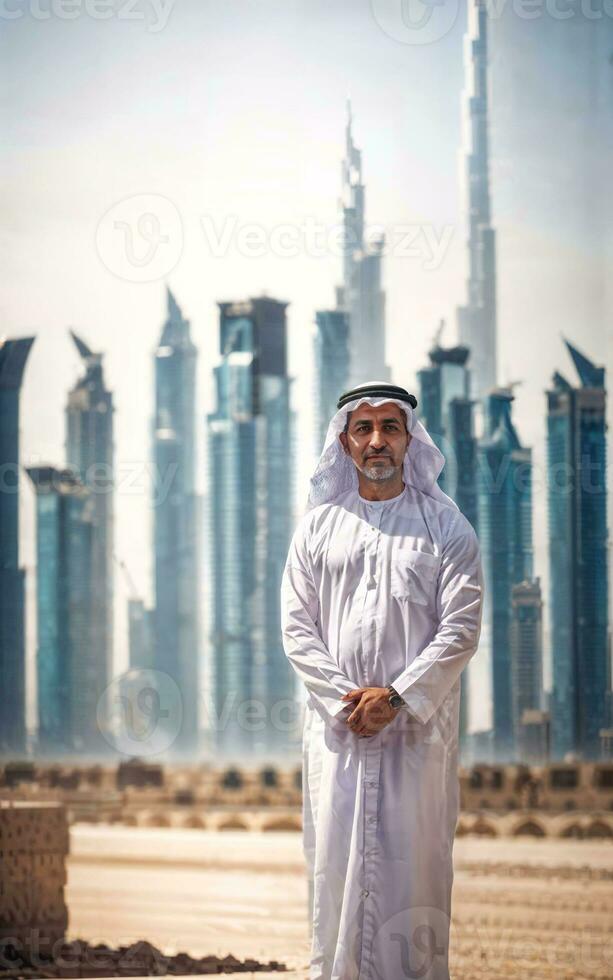 rich arab businessman in Traditional White Outfit in big city in background, generative AI photo