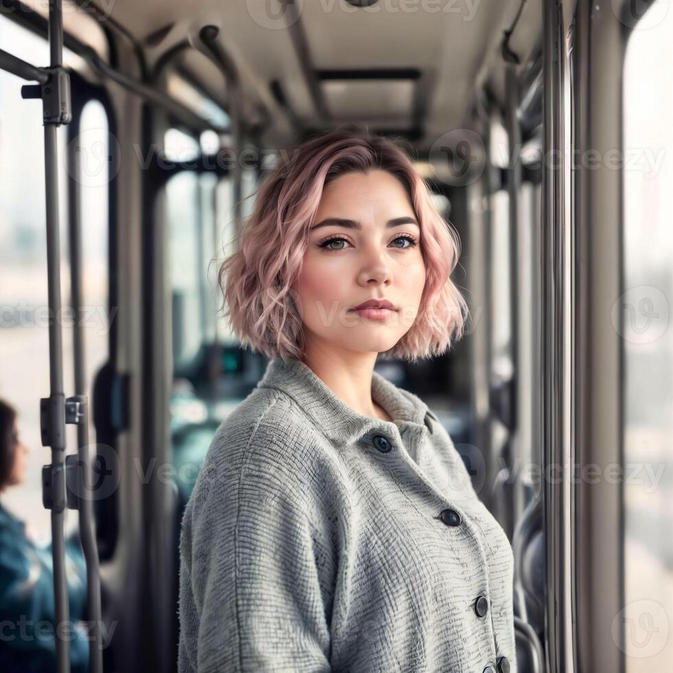 beautiful woman standing inside public bus transport, photo