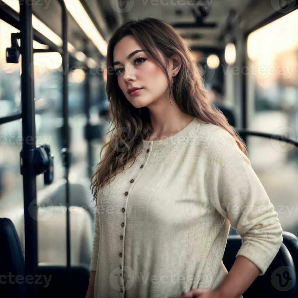 hermosa mujer en pie dentro público autobús transporte, generativo ai foto