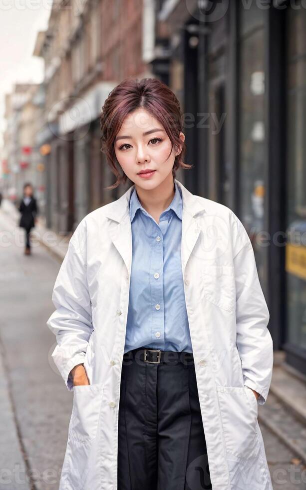 foto de asiático mujer en blanco laboratorio Saco a moderno laboratorio, generativo ai