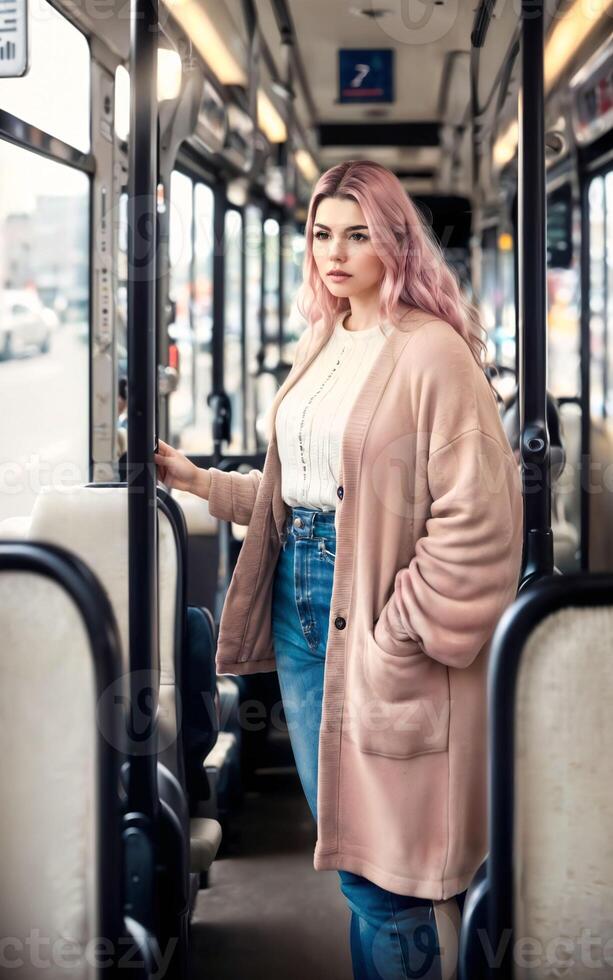 beautiful woman standing inside public bus transport, generative AI photo