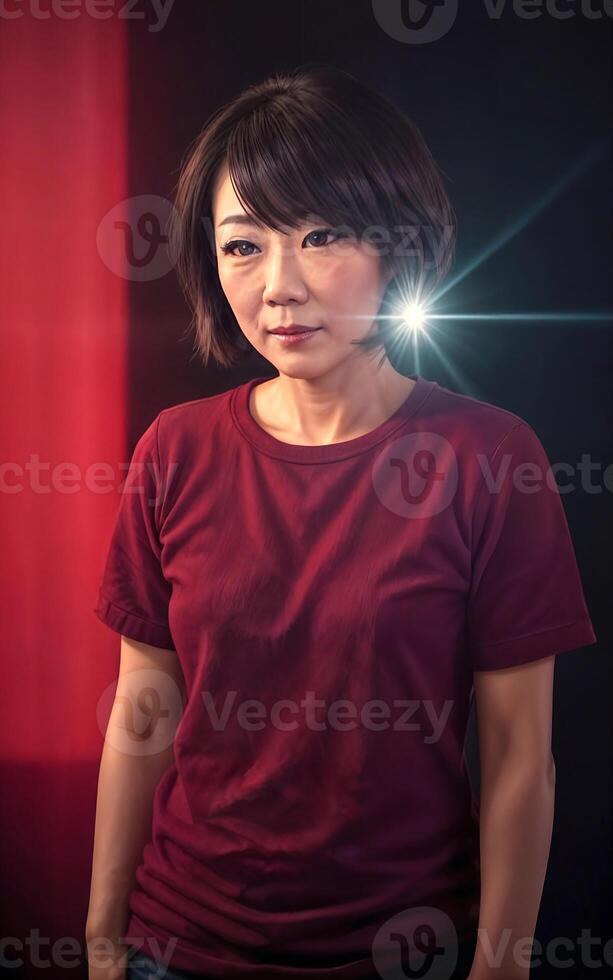 portrait photo of beautiful middle aged asian woman in dark room with light in background,