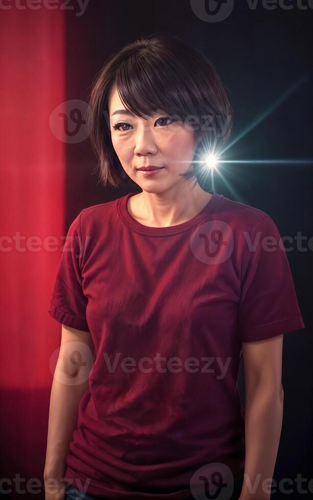 portrait photo of beautiful middle aged asian woman in dark room with light in background, generative AI