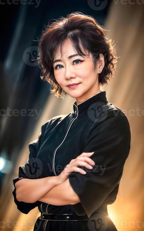 happy pretty middle aged old asian woman at the street, generative AI photo