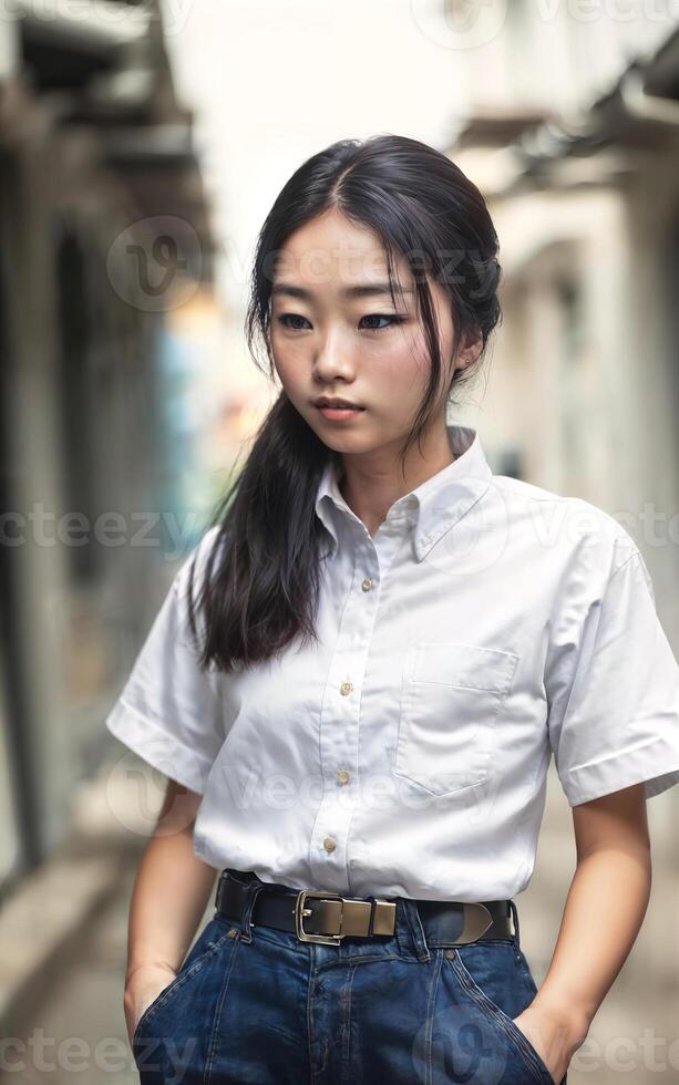 Thai people in thailand technical college uniform white shirt and pant, photo