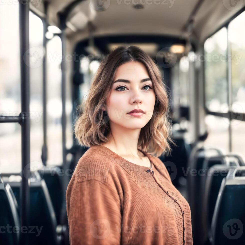 beautiful woman standing inside public bus transport, photo