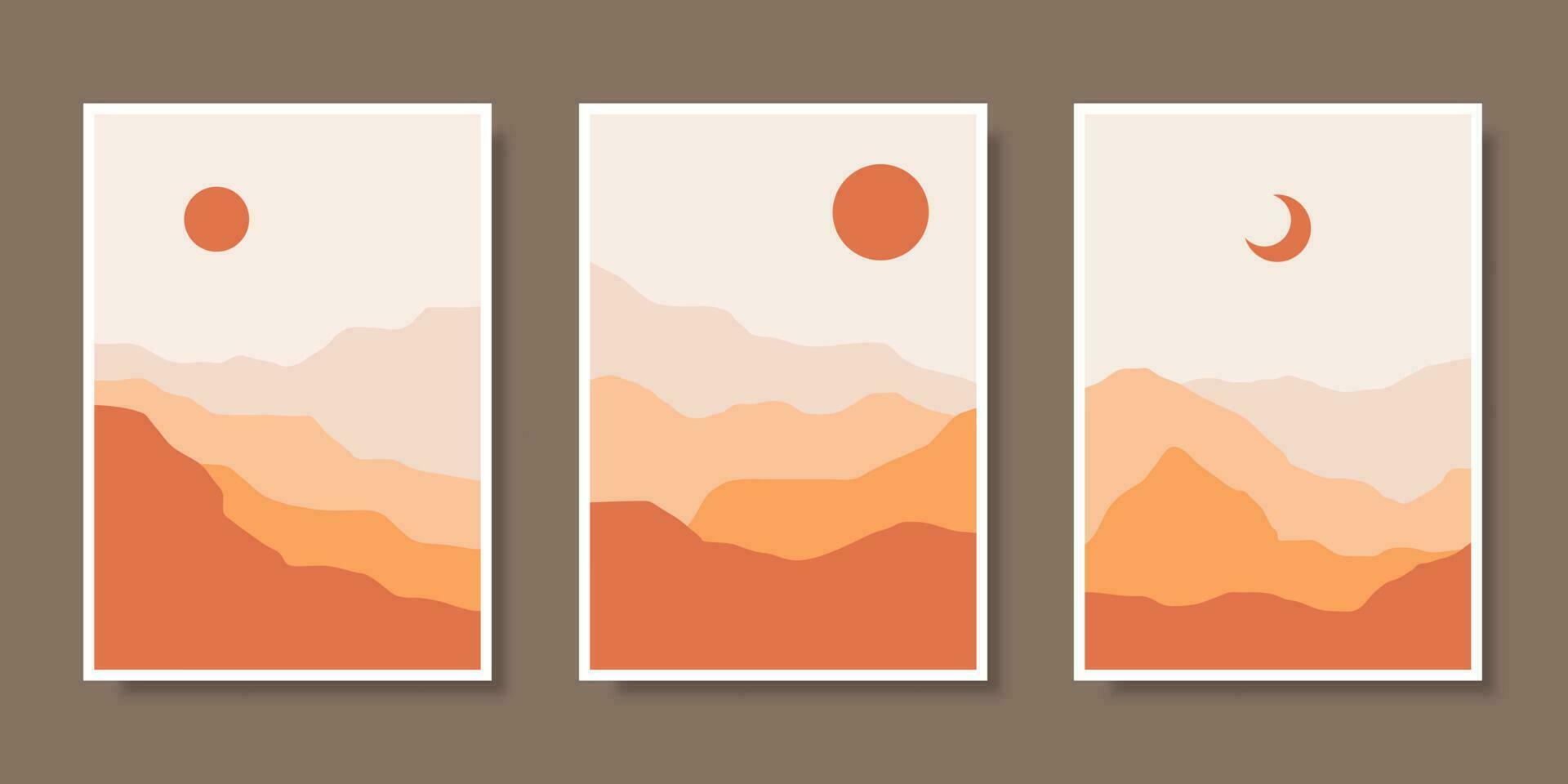 Set of posters with mountain landscape concept and pastel colors. Plant leaves, Great design for social media, prints, wall decoration. Vector illustration