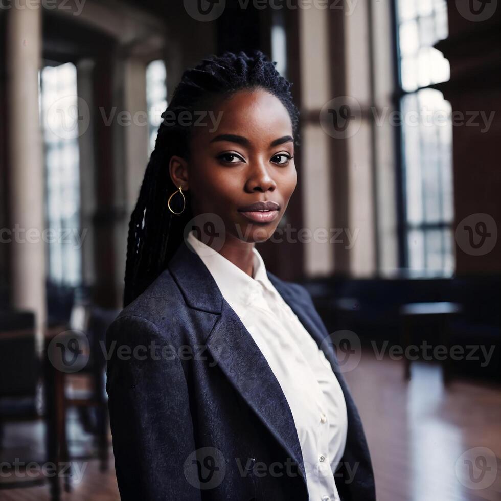 hermosa africano americano negro mujer con biblioteca en fondo, generativo ai foto