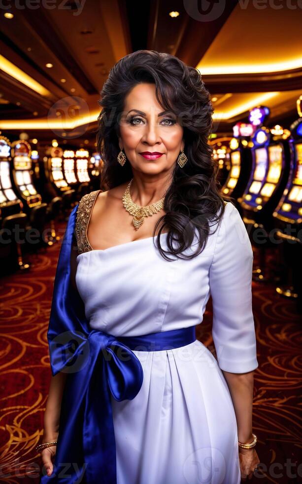 middle aged indian woman at luxury casino, photo