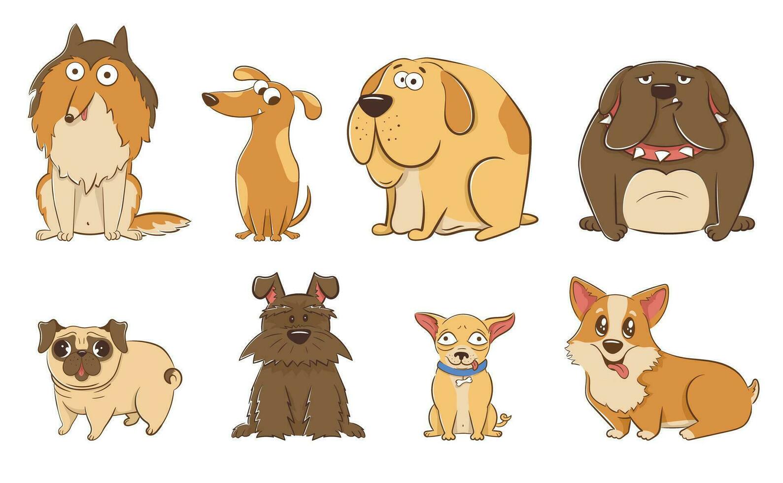 Set of funny cartoon big and small dogs in flat style. vector