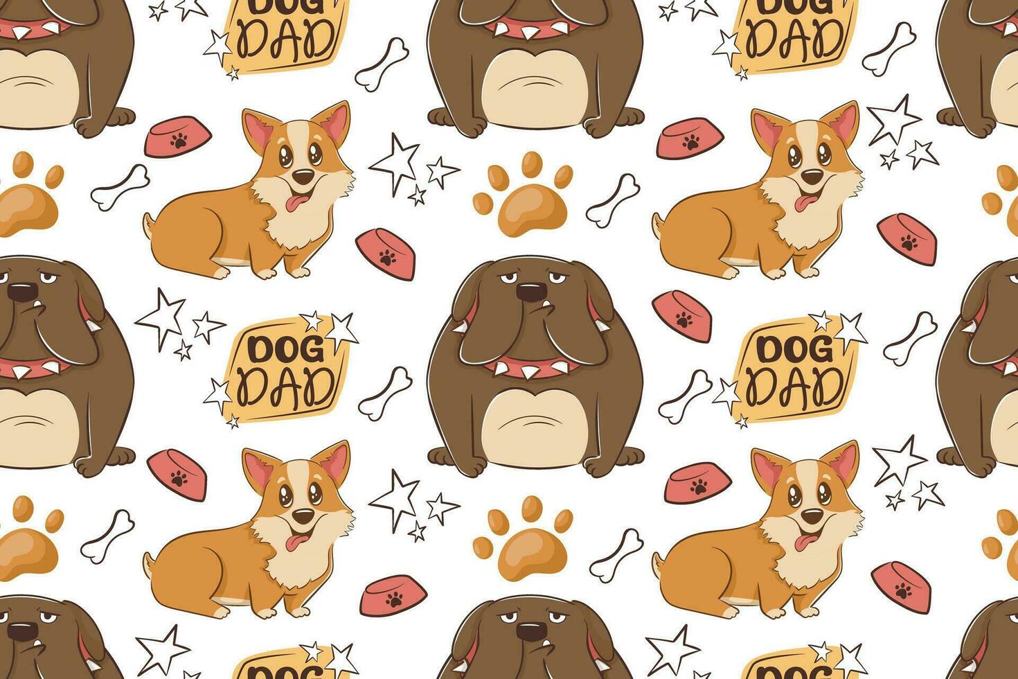 Seamless pattern with cartoon dogs bulldog and corgi. vector
