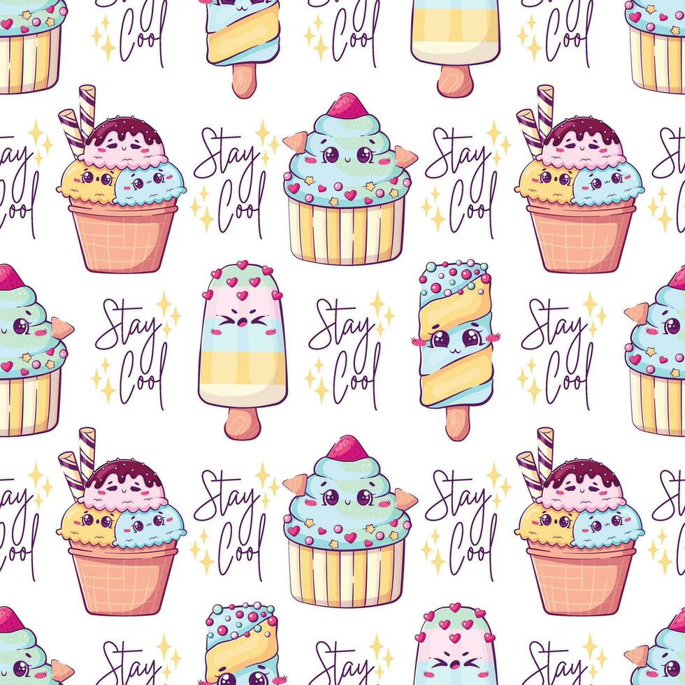 Seamless pattern for summer textile with cute cartoon doodle kawaii ice cream and lettering stay cool vector