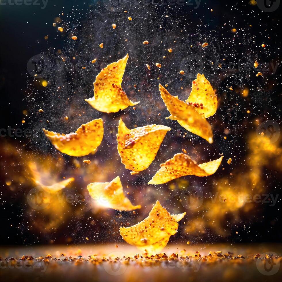 close up of flying slice fries chips in the air, generative AI photo