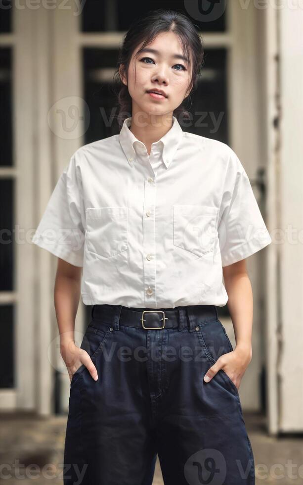 Thai people in thailand technical college uniform white shirt and pant, photo