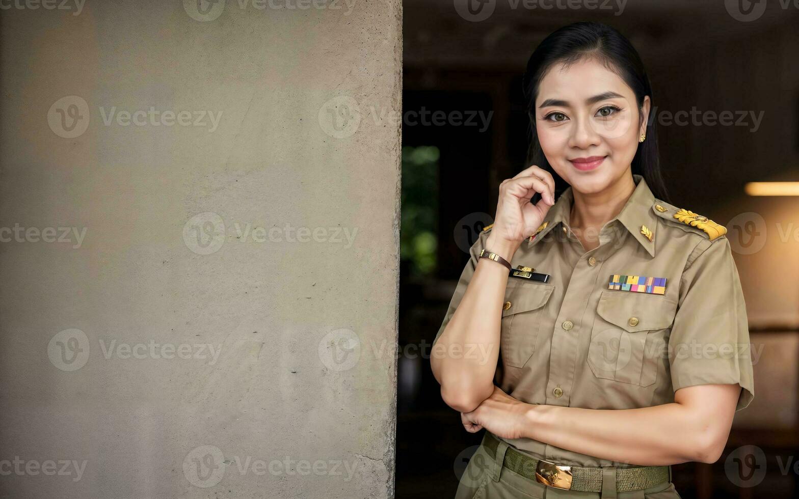 photo of middle aged asian woman in Thai teacher uniform, generative AI