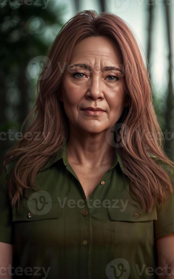 beautiful middle aged old lady woman at house with fresh green plant in background, generative AI photo