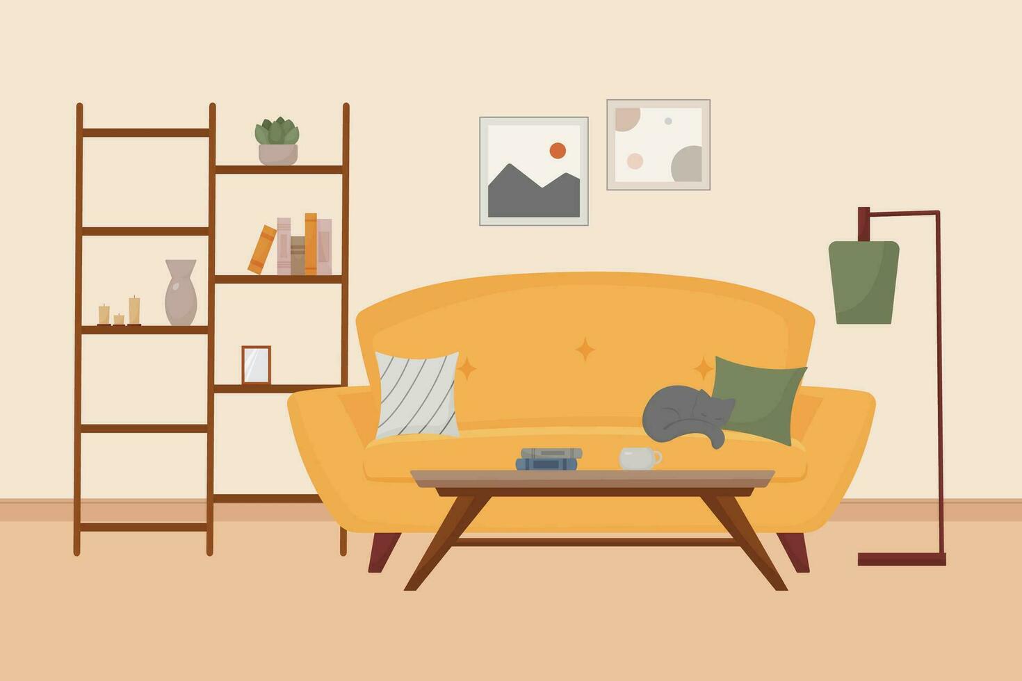 living room interior, furniture, design elements, modern home, comfortable sofa, bookcase, lamp, cat, books, mug, vase, plant, coffee table, vector flat style illustration