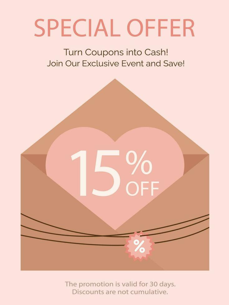 Cute flyer, poster, poster, sticker, postcard with craft envelope with coupon. Heart, coupon, discount, promotions. Voucher. Event coupon. Ready example, template, poster. Web banner. vector