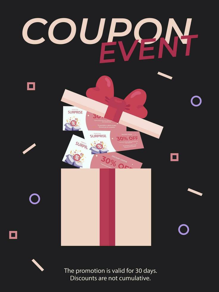 Gift box. Flyers with coupons, discounts, promotions, sales. Black Friday. coupon events. Card, banner, placard, poster, web banner. ready sample, template, Coupon box vector