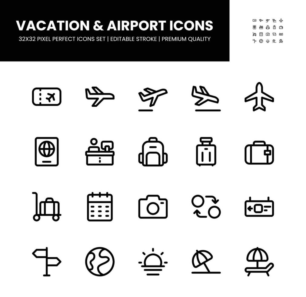Vacation and airport icons set in 32 x 32 pixel perfect with editable stroke vector