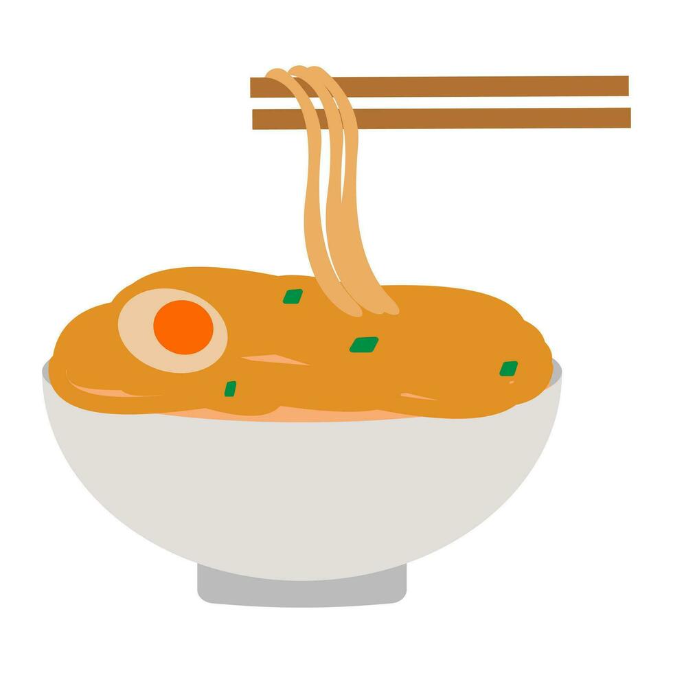 Cartoon hot noodle soup in a bowl with chopsticks. Asian, Chinese, Japanese ramen in bowl. Icon isolated on white background. Illustration, Vector, EPS10 vector