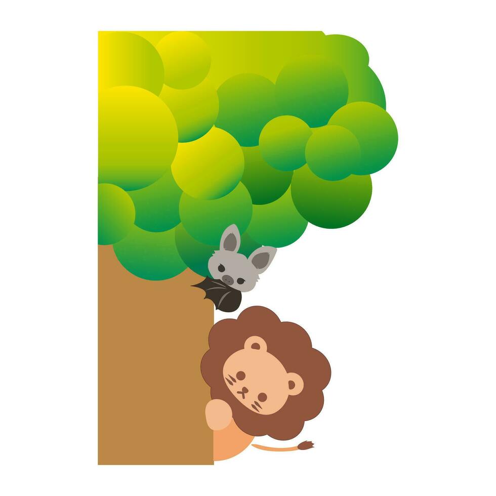 Cute cartoon bat and lion hiding behind the tree. Playing hide and seek. Cartoon animal character. Illustration, Vector, EPS10 vector