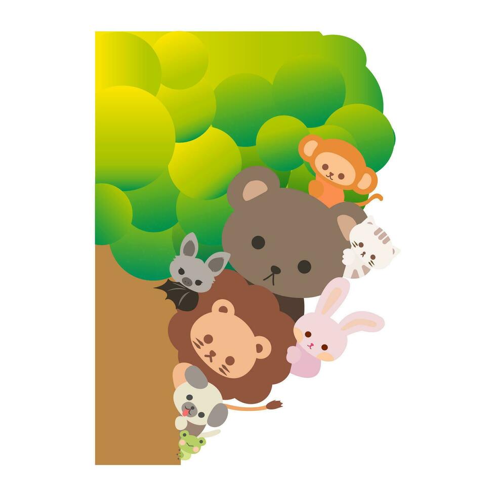 Cute cartoon animals hiding behind the tree. Playing hide and seek. Cartoon animal character. Illustration, Vector, EPS10 vector