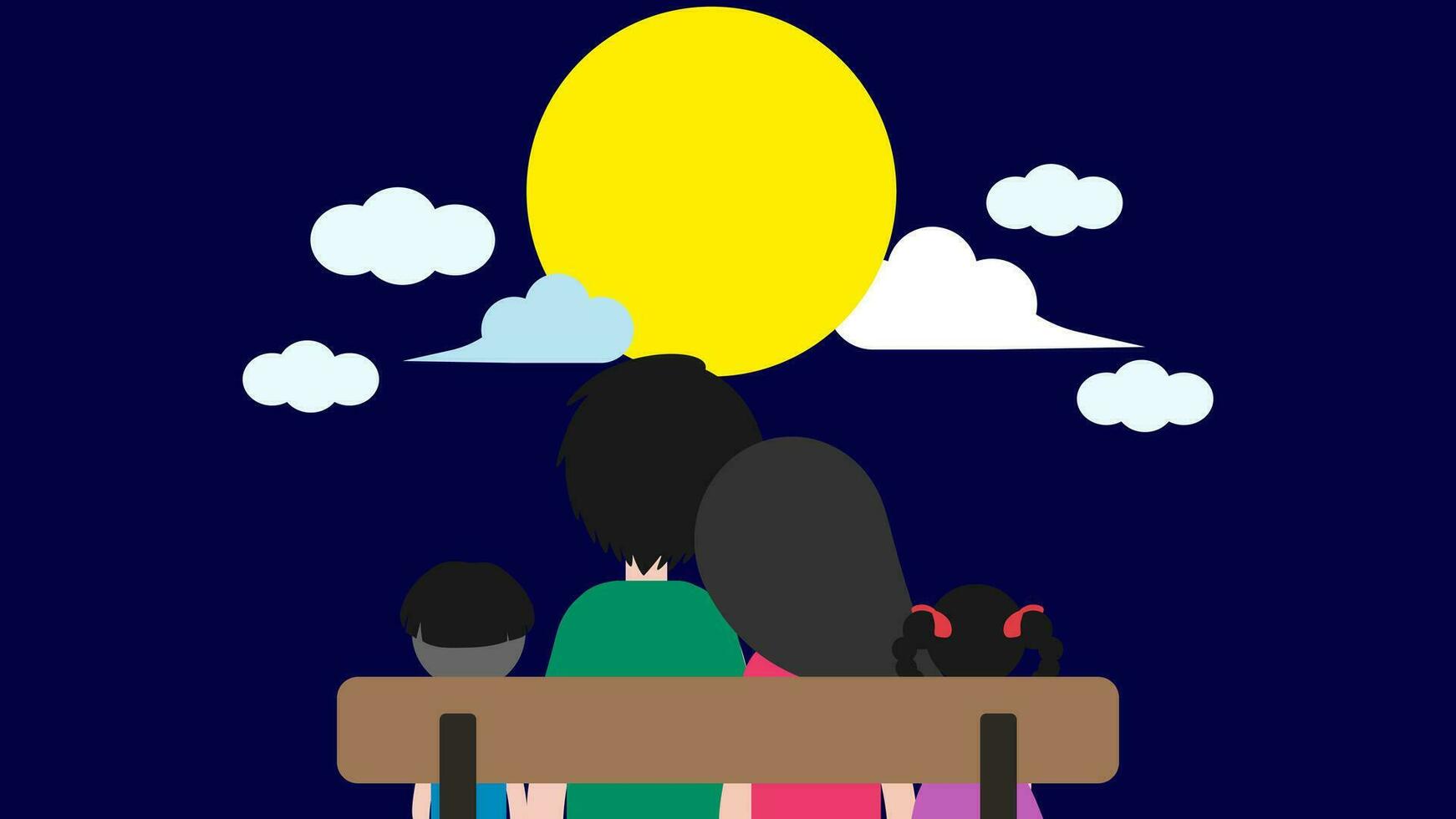 dibujos animados mediados de otoño festival dibujo. familia reunión disfrutando lleno Luna con nubes asiático tradicional día festivo. plano diseño fondo de pantalla, vector, ilustración, eps10 vector