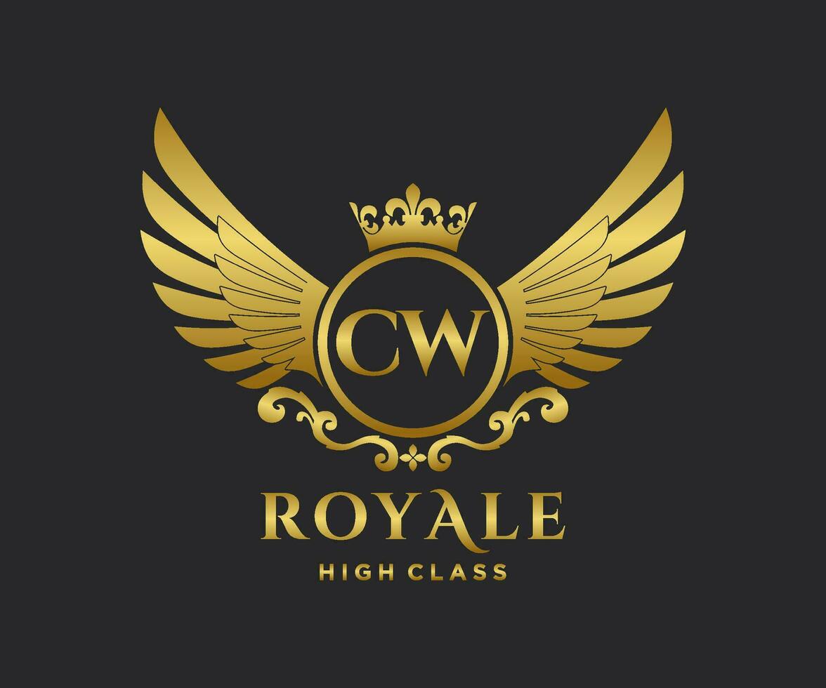 Golden Letter CW template logo Luxury gold letter with crown. Monogram alphabet . Beautiful royal initials letter. vector