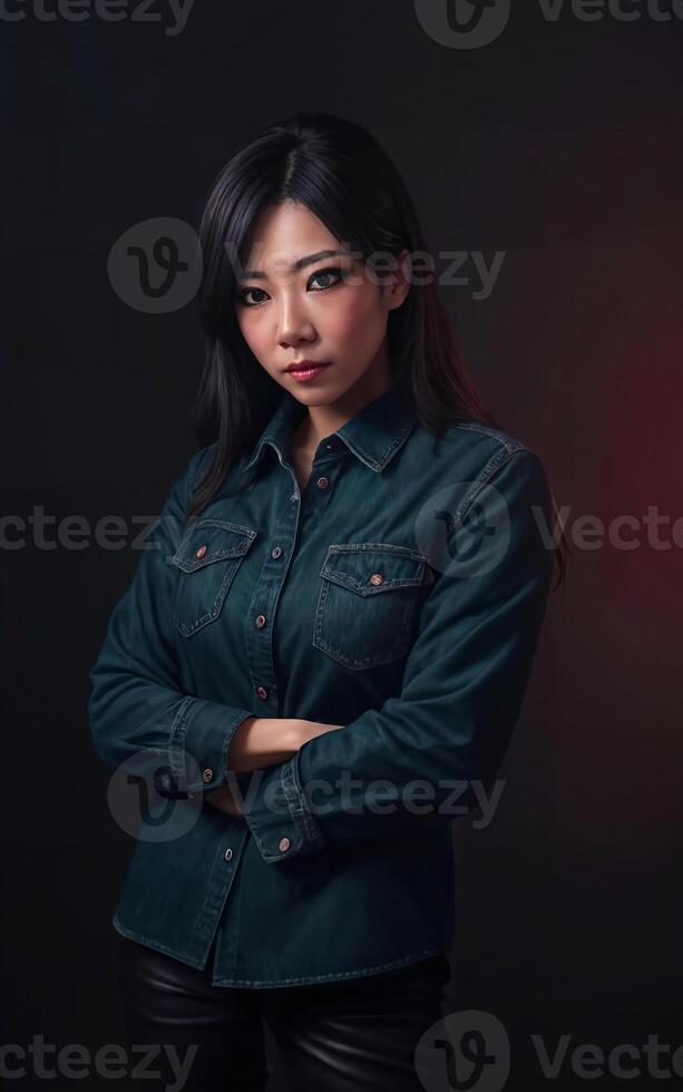 portrait photo of beautiful middle aged asian woman in dark room with light in background,