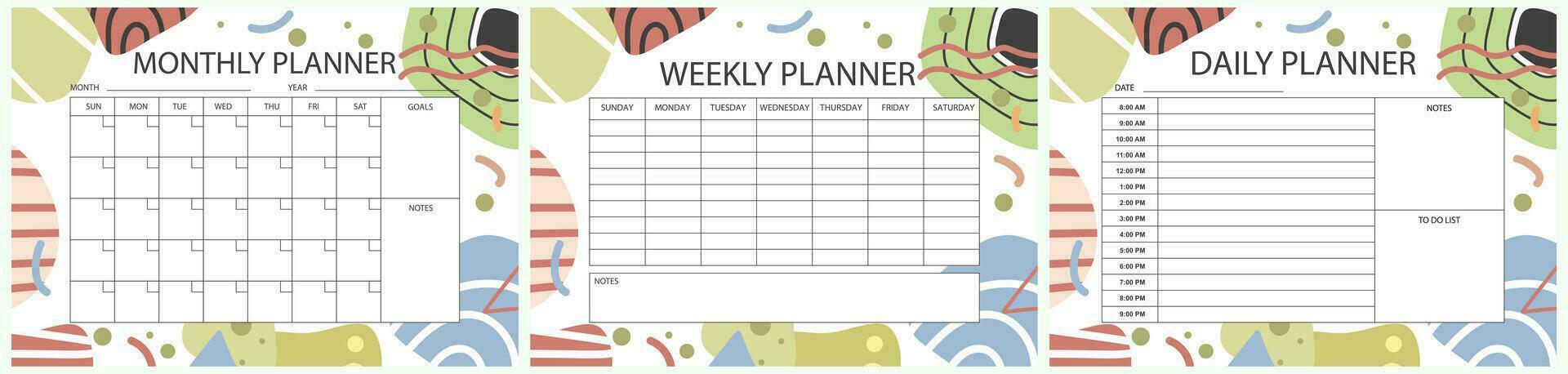 Printable planner template set. Set of  Monthly, weekly, daily planner template with notes, goals and to do list. Business organizer page, Notebook page isolated, Vector illustration