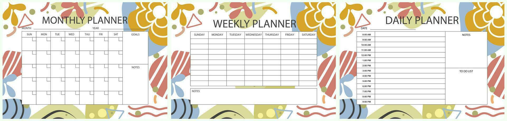 Modern Printable planner template set. Set of  Monthly, weekly, daily planner template with notes, goals and to do list. Schedule, Agenda, Weekly Overview, Journal, Organizer, Vector illustration