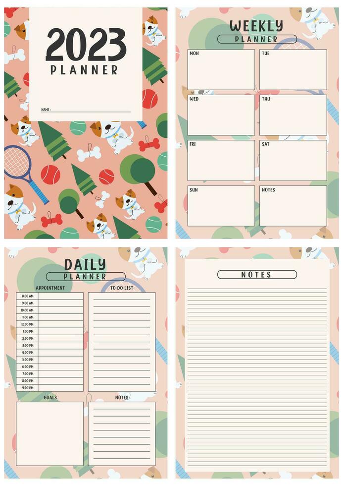 Printable planner template set with cute Dog background. cover, weekly, daily planner template with notes, goals and to do list. Schedule, Agenda, planner Overview, Journal, Vector illustration