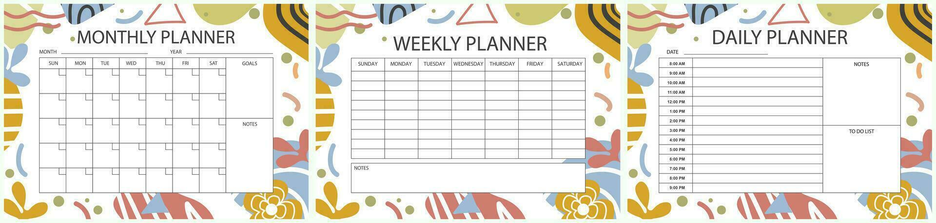 Printable planner template set. Set of  Monthly, weekly, daily planner template with notes, goals and to do list. Weekly Overview, Schedule, Agenda, Journal, Organizer, Vector illustration